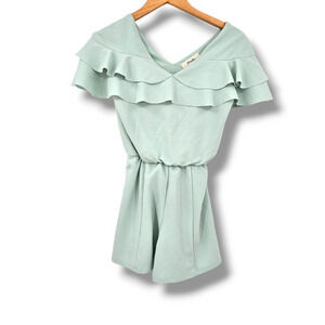 Maddie Juniors V Neck‎ Flutter Sleeve Shorts Romper Light Blue Size Large